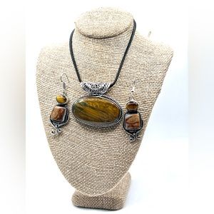 Tiger Eye, Crazy Lace Agate Pendant & Earrings Set
